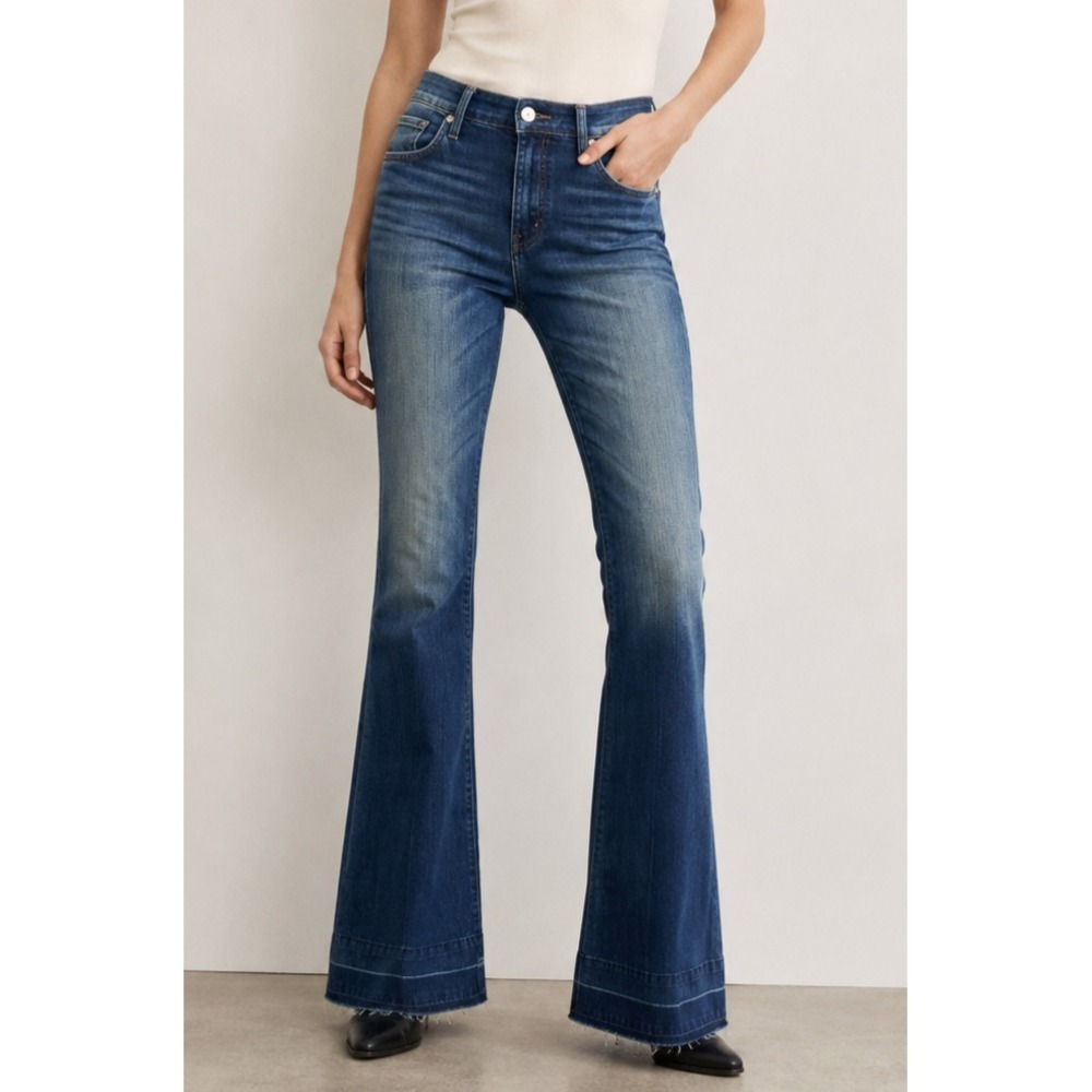 McGuire Majorelle Flare Jeans Dark Wash Raw Hem Size 28 NWOT Stretch 70's Style